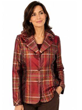 Puli Burgundy Plaid Puff Collar Blazer Ruched Jacket Size 12